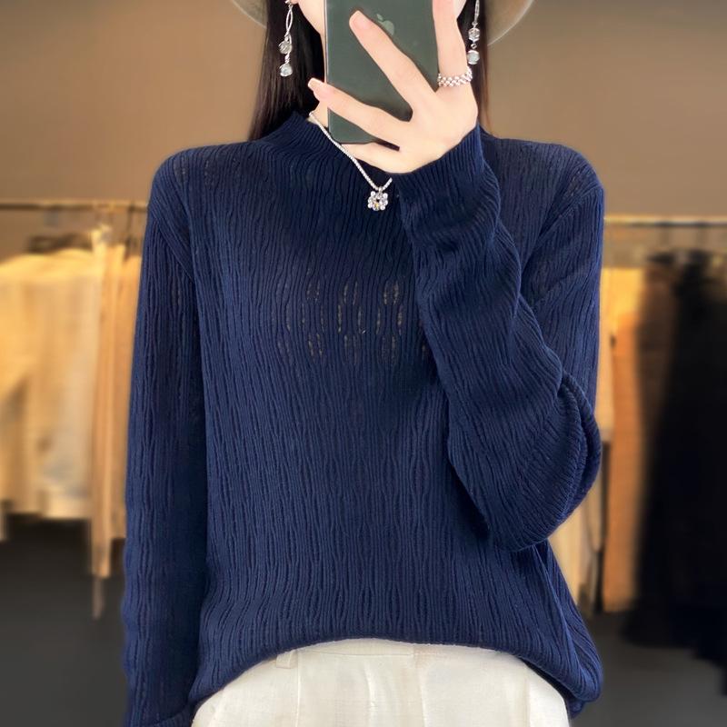 Knitted warm loose blended autumn and winter shirt short base hollow semi-turtleneck sweater fine imitation women's clothing new