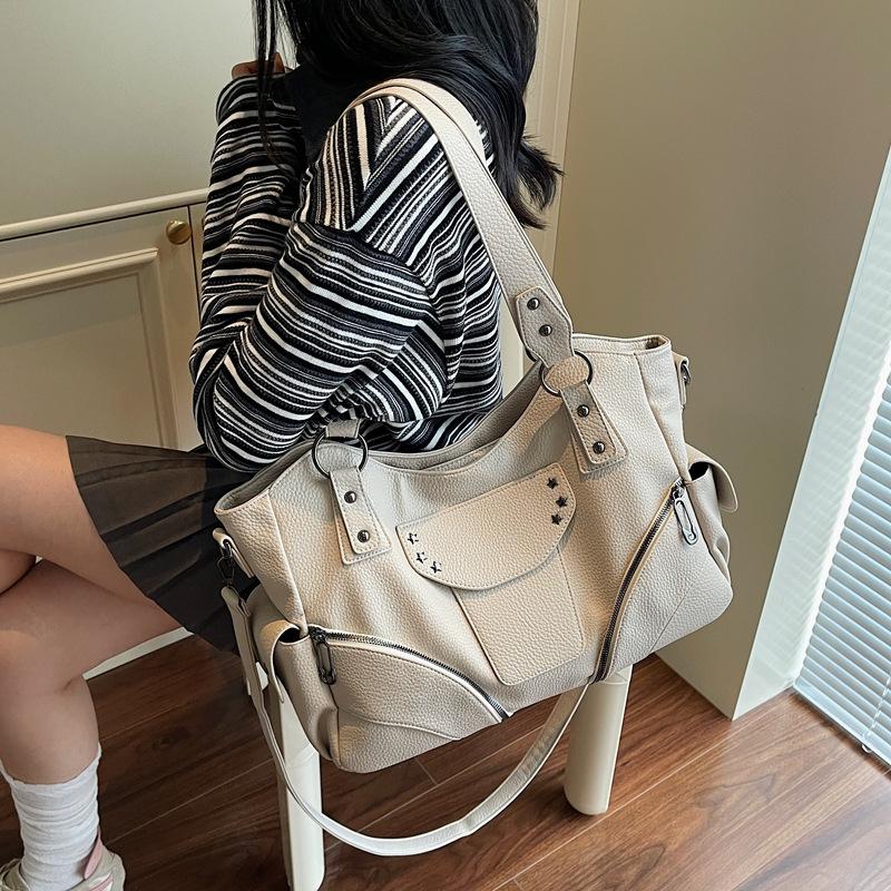 PU Shoulder Bag Women's Fashion Tote with Star Stud Detail and Dual Side Zip Pockets