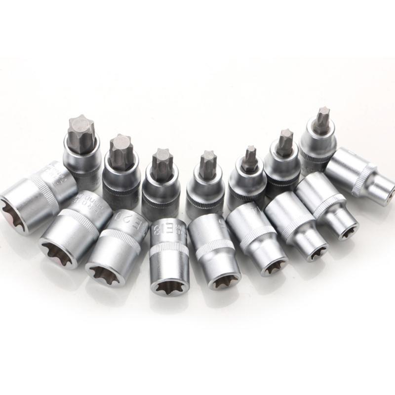 Torx Bit Socket Set with for Case E10-E24 T30-T70 16 Pcs Steel Star Bit Set for Cr-V Steel 1/2-inch Drive Hand Repair To
