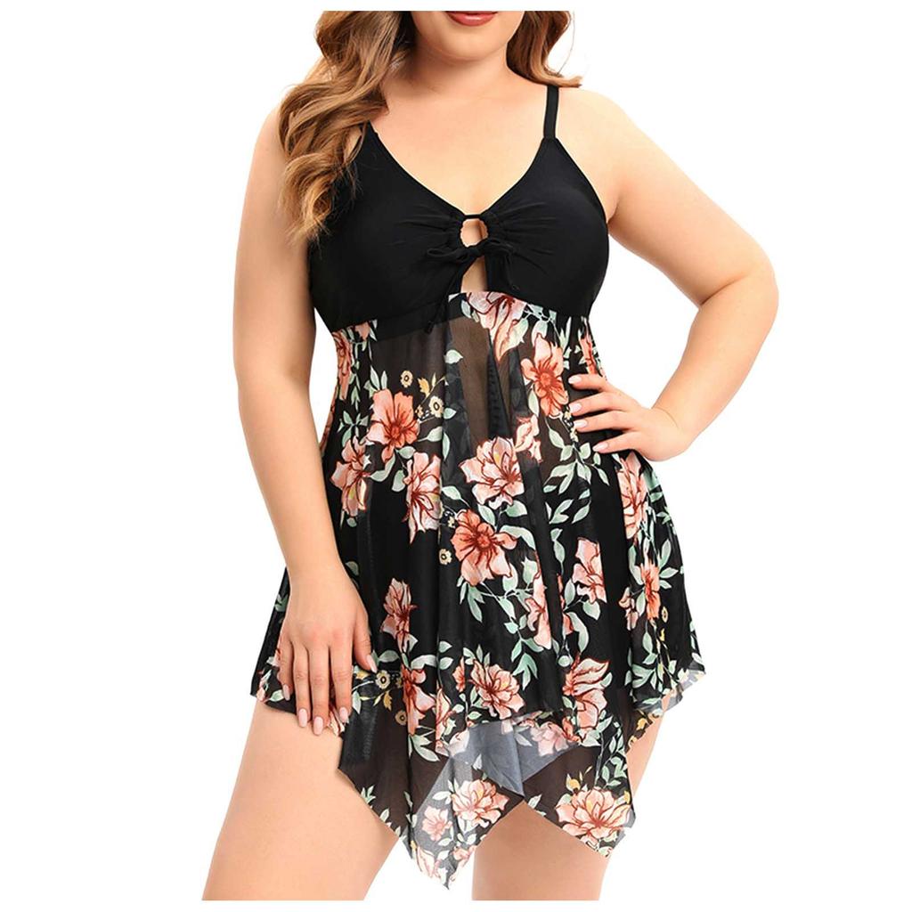 Women's Plus Size Split Mesh Skirt With Bra Pad And No Steel Bra Swimming Costume