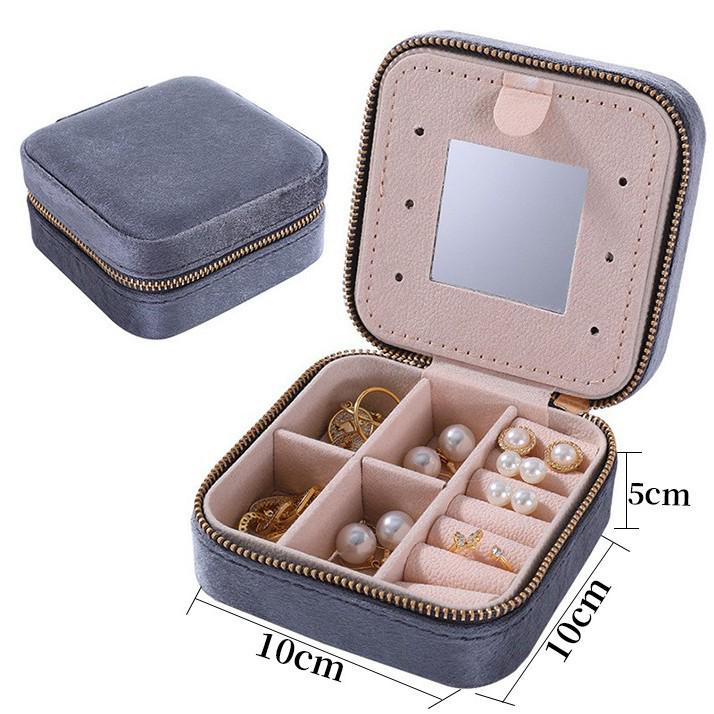 Portable Double-Layer Velvet Jewelry Box with Mirror and Zipper for Earrings and Rings