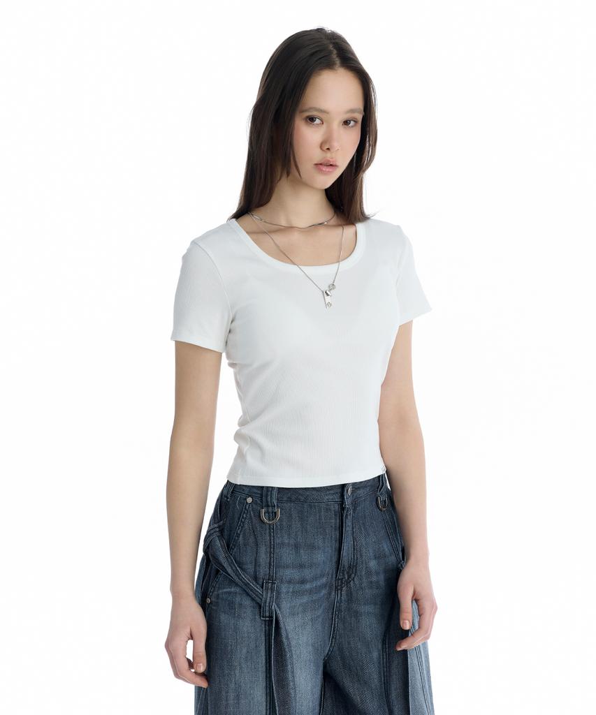 Teulimingbeodeu Essential U-Neck Ribbed T-Shirt [ White ]