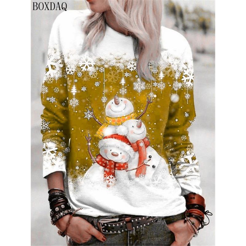 Cartoon Christmas Snowman Women Long Sleeve T-shirts Autumn Winter Christmas Style