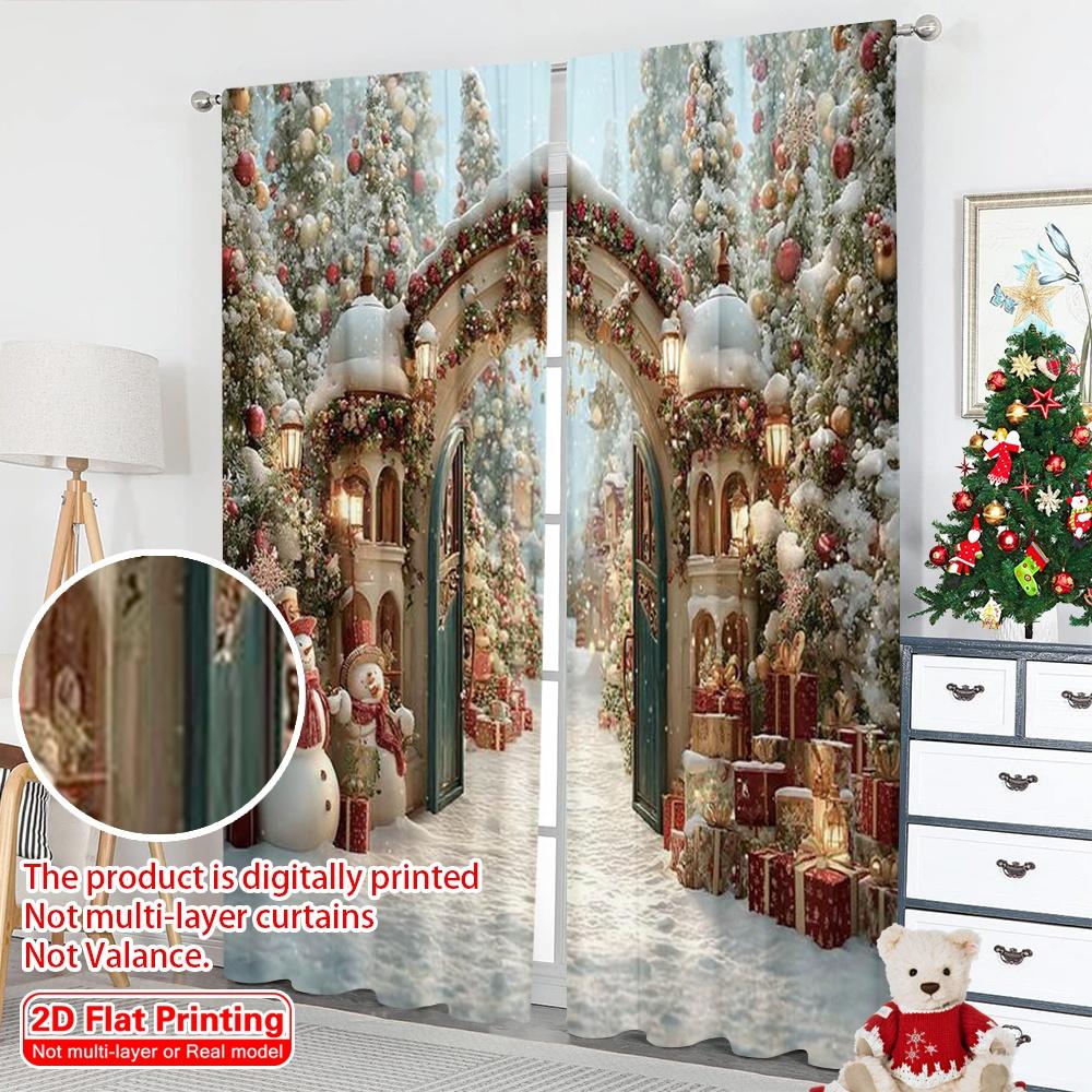 2pcs 2D flat printing Merry Christmas Window Drapes Snow Arch 100% Polyester Without Electricity Family Party Use for Home &