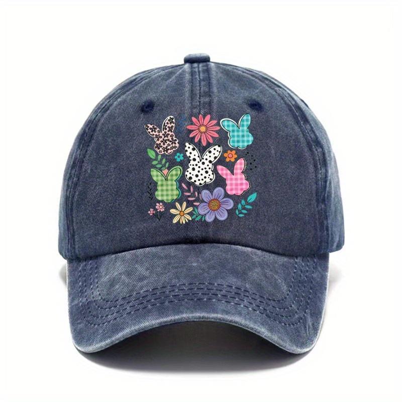 Cute Easter Bunny Floral Print Baseball Cap Spring Festival Adjustable Distressed Cotton Dad Hat Casual Unisex