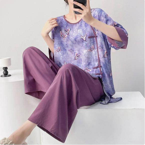 Hanfu pajamas women's spring summer new Chinese-style cotton and silk suit cotton silk medium-sleeved loose loungewear can be worn thin