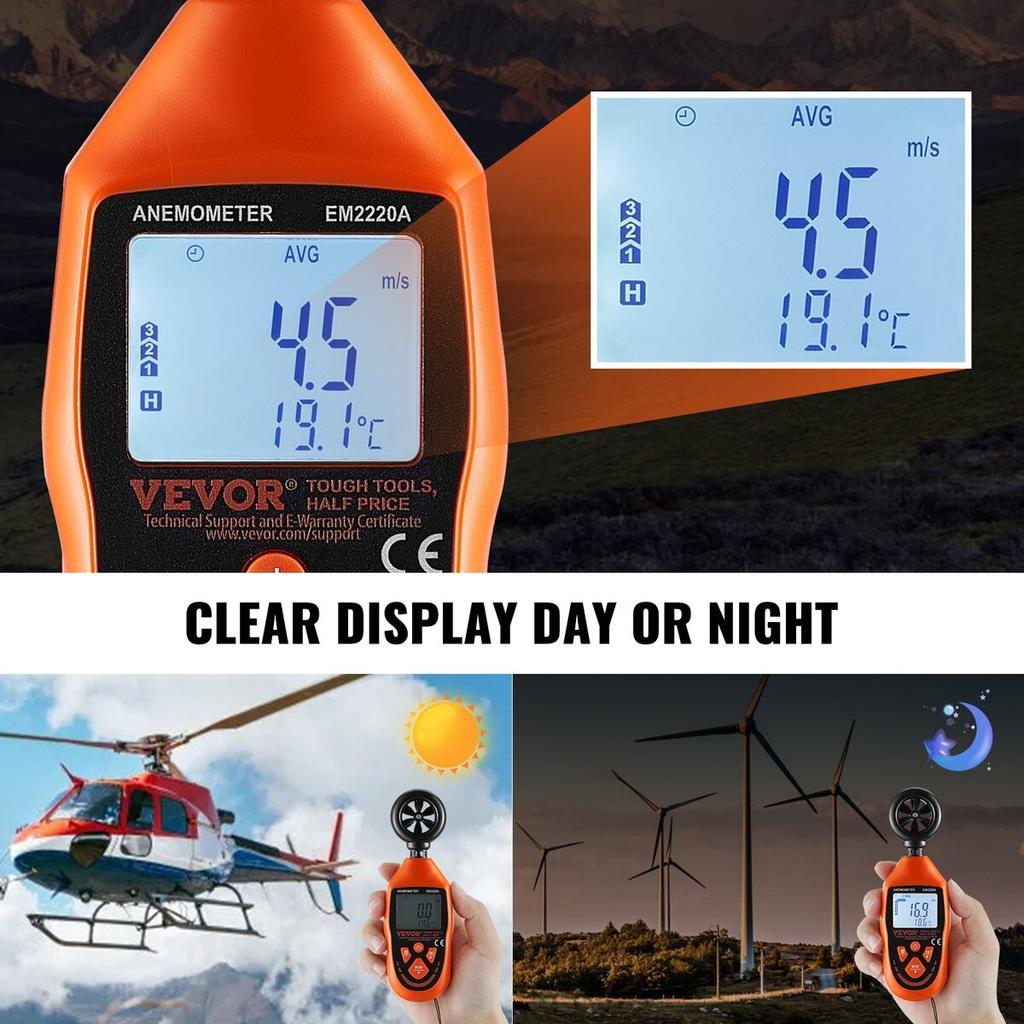 Ruční anemometr, 14℉-113℉, Digitální měřič rychlosti větru s LED podsvíceným displejem, Měří rychlost větru, teplotu větru, proudění vzduchu, pocitovou teplotu větru,