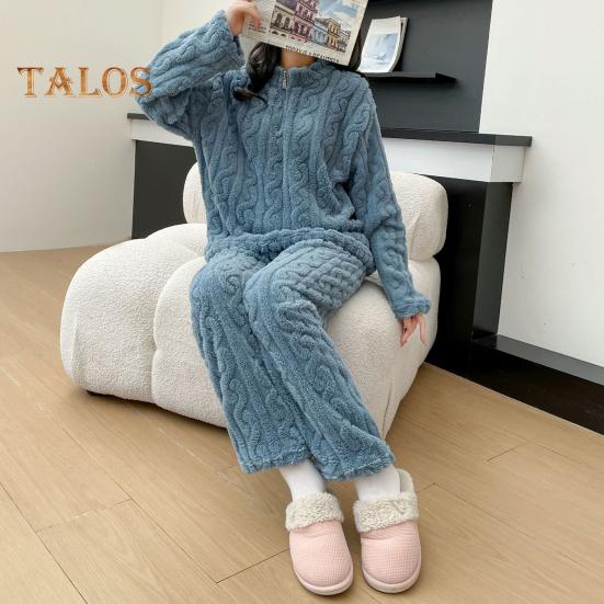 Set de 2 bucăți de pijamale de iarnă unisex Guler de culoare solidă Închidere cu fermoar Pânză de corali îngroșată Îmbrăcăminte de acasă haină de pantaloni Set de îmbrăcăminte largi de găzduire Lenjerie de noapte