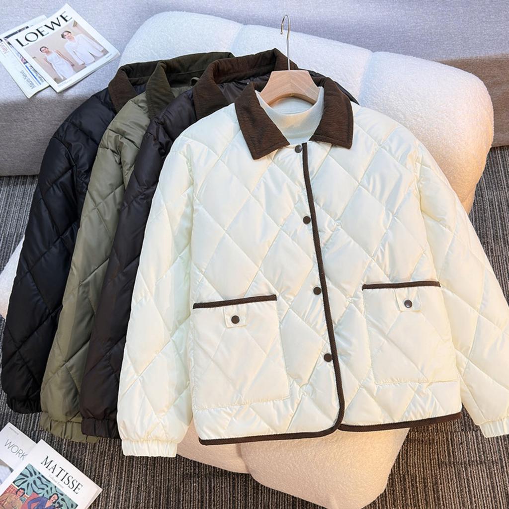Lingge Collar Cotton Jacket, Loose Contrasting Color Versatile Short Autumn and Winter Jacket