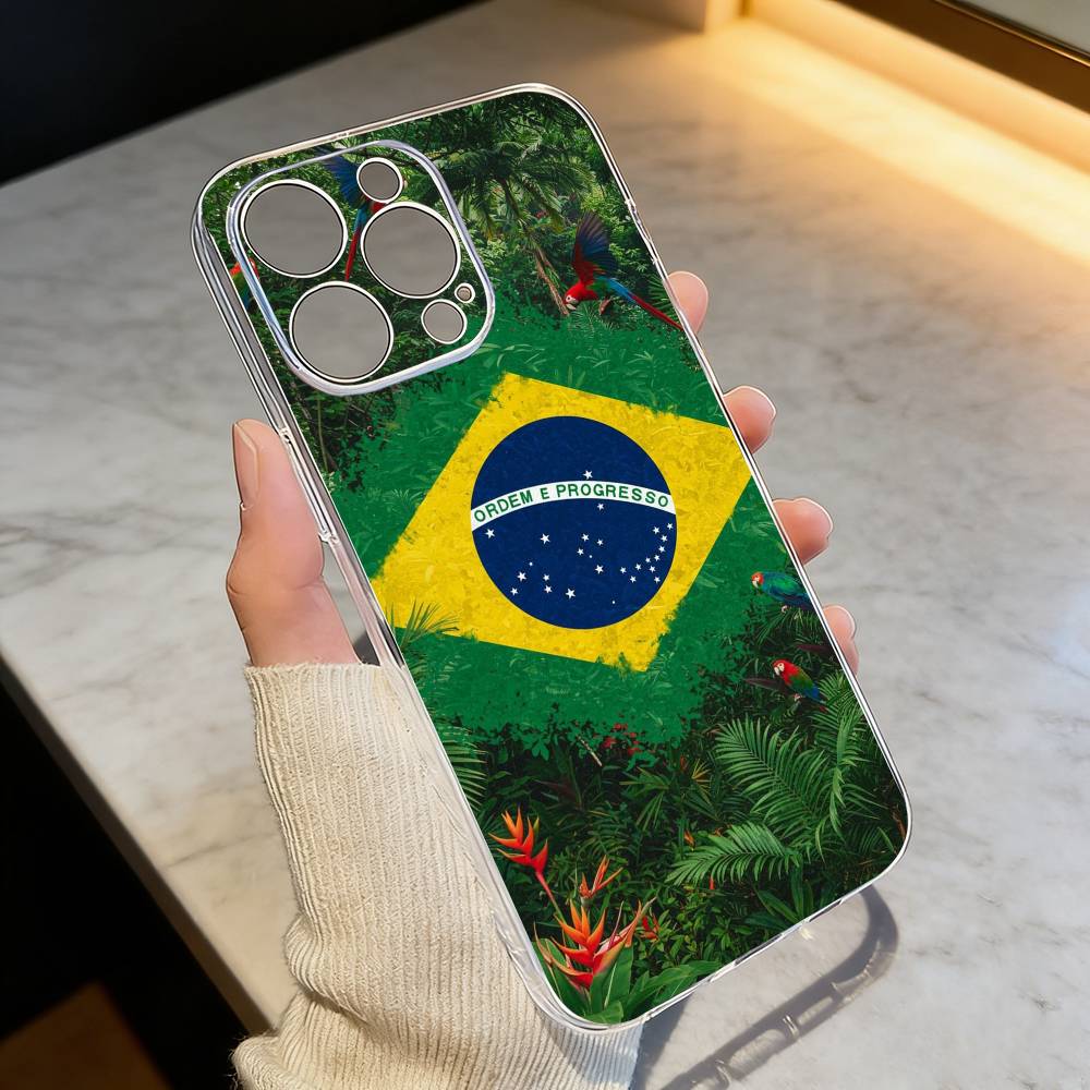 B-Brazil Brazilian Flag Phone Case For iPhone 17 16 15 14 13 12 11 Mini Pro Max Plus Transparent Cover