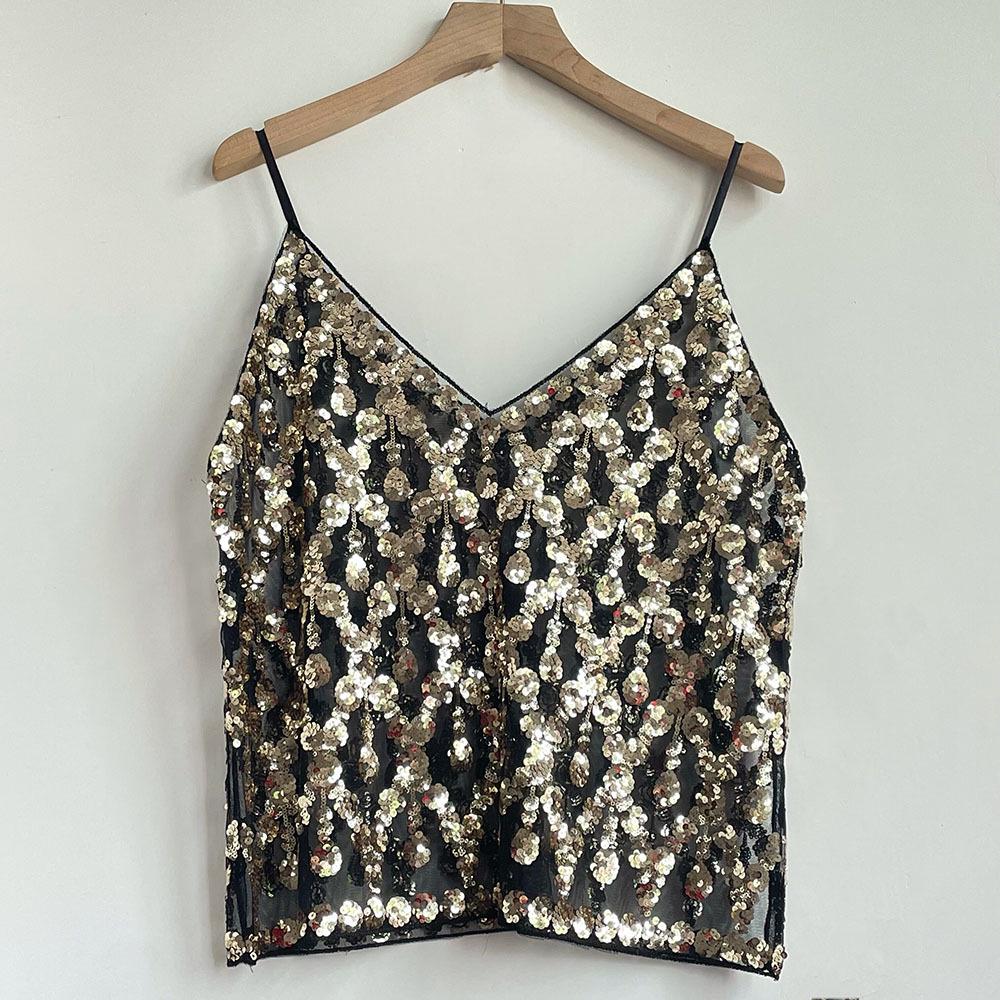 European & American V-Neck Sequin Camisole: Chic Sleeveless Top for Inner & Outer Wear