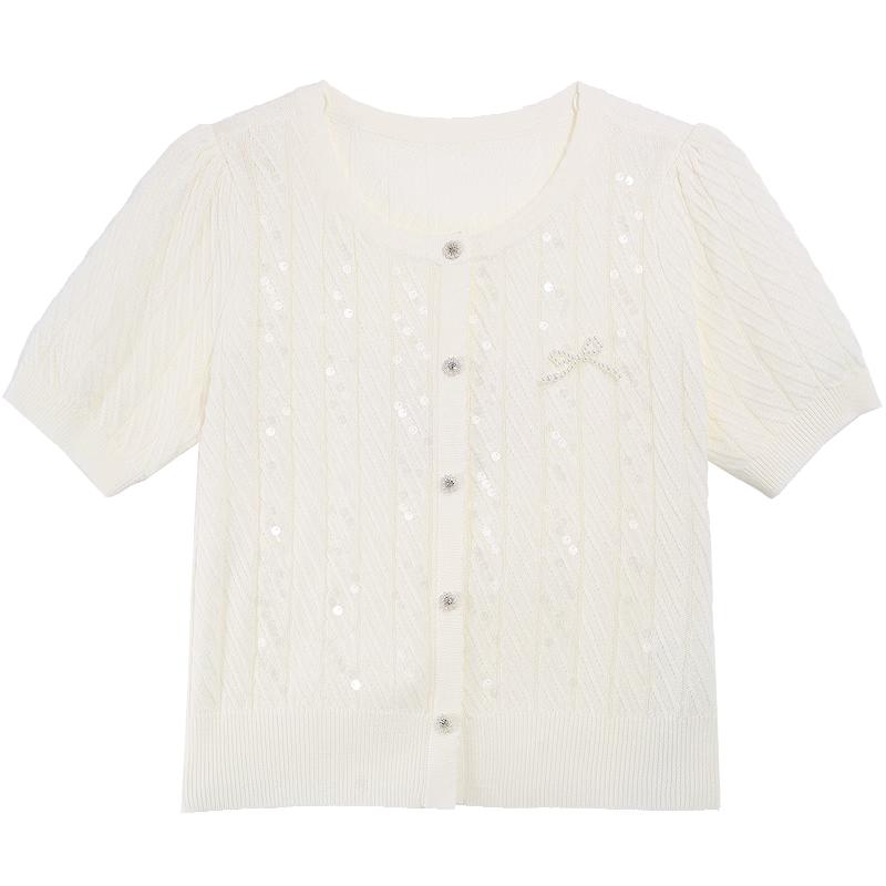 Betu Women s Sequin Knit Openwork Short Sleeve Top S