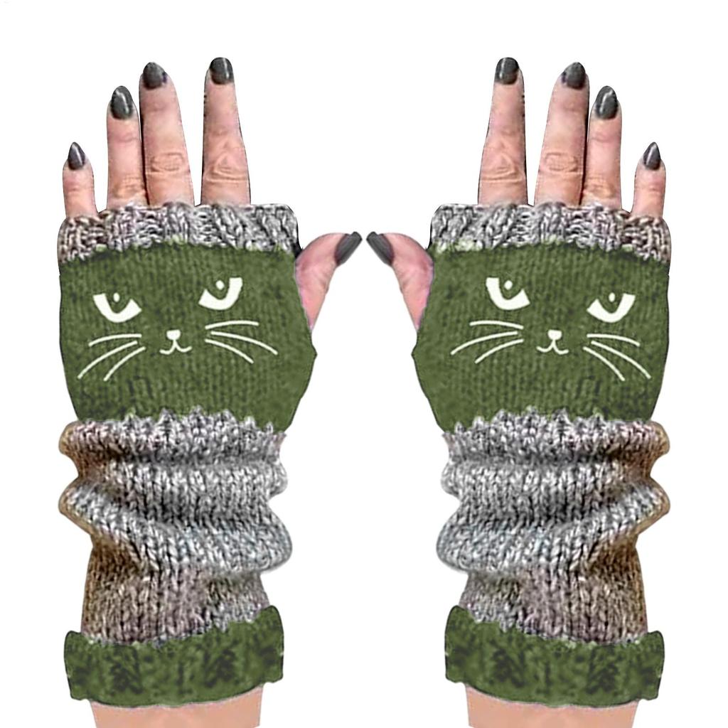 Knit Fingerless Gloves Cat Embroidery Outdoor Warming Supplies Warm Open Finger Gloves for Cat Lovers Women Girls Ladies Mothers