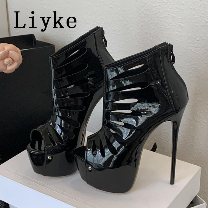 Moda Liyke Estate Traforate Pelle Verniciata Stivali con Plateau Donna Sexy Punta Aperta Zip Tacchi Altissimi Scarpe Pole Dance Stripper Nero