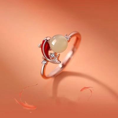 Jade See Koi Ring Women's Light Luxury Niche Premium Sense New Chinese Vegetarian Ring Index Finger Ring Franc Process Plating