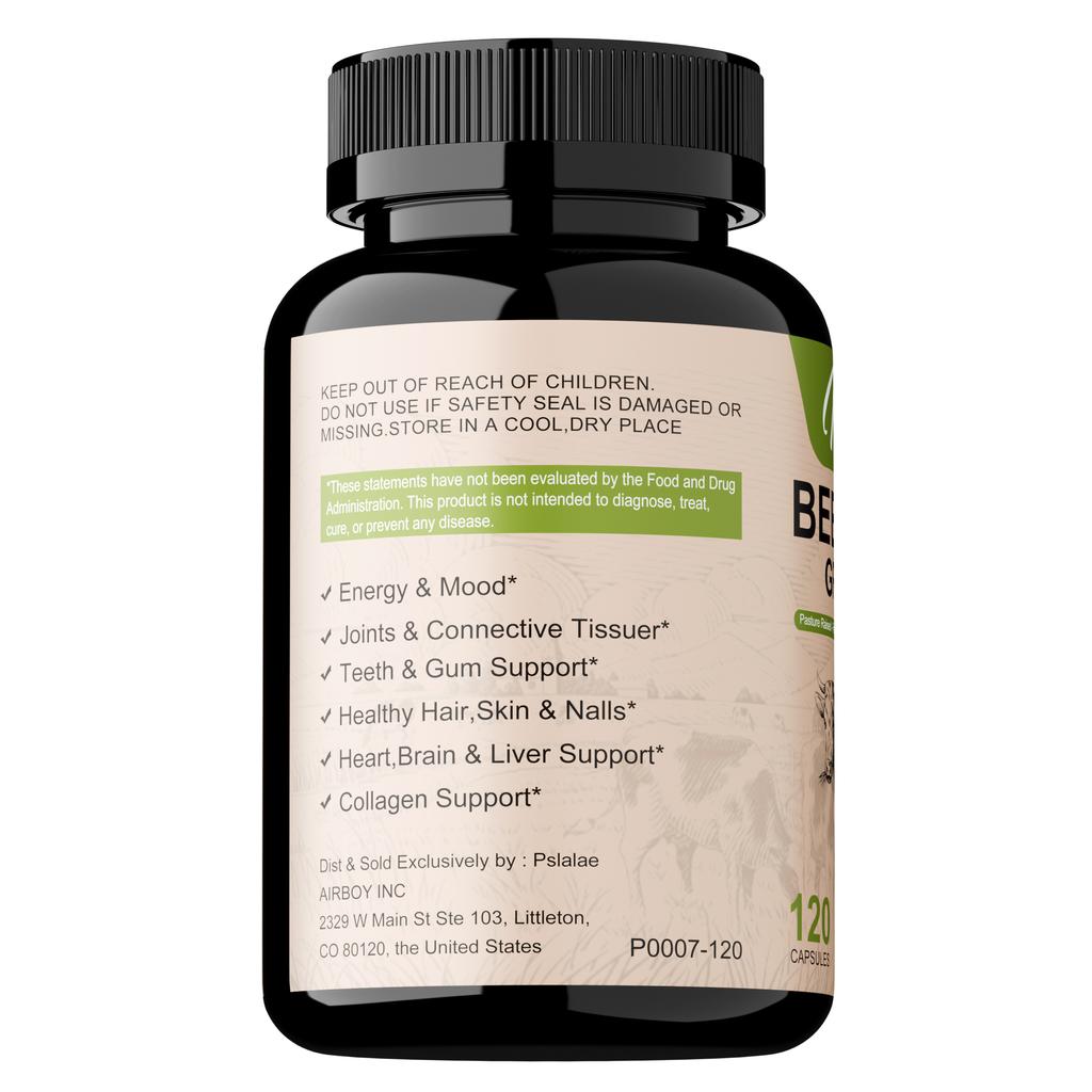 Kapsle z jater hovězího dobytka krmeného trávou, obsahující přirozené železo, vitamín A a vitamín B12, dodávají energii a jsou vhodné pro dospělé.