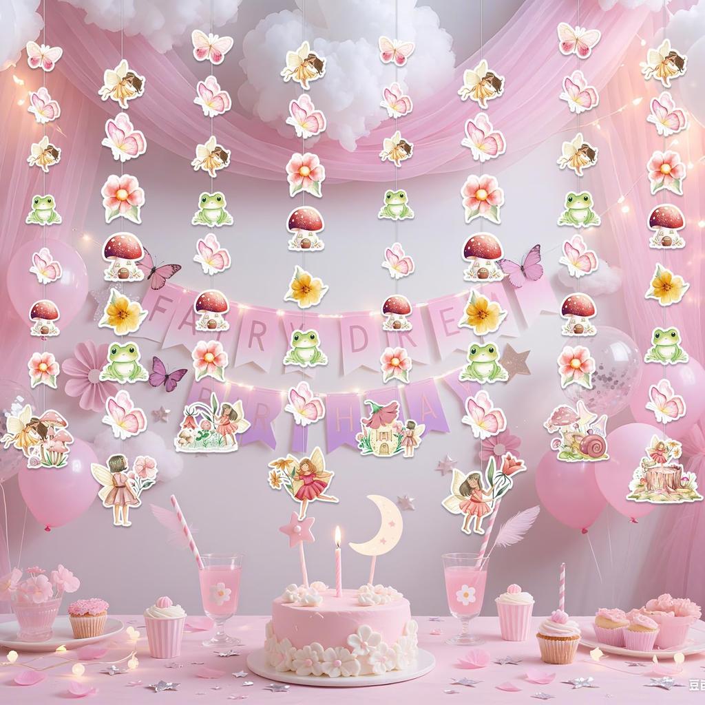 Fairy First Birthday Party Decorations, 8PCS Fairy Hanging Garland Banners Decor Butterfly Flower Fairies Theme Hanging Banner Decor for Wall Ceiling
