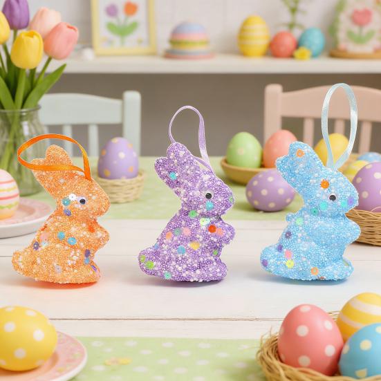 6Pcs Easter Foam Bunny Decorations Colorful Glitter Bunny And Egg Shapes Simple Hanging Wall Art for Party Spring Crafts Kindergarten And Home Decor