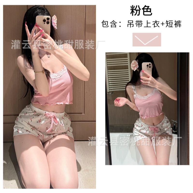 Sex underwear lace suspender top floral shorts home casual ribbed pit strip two-piece set