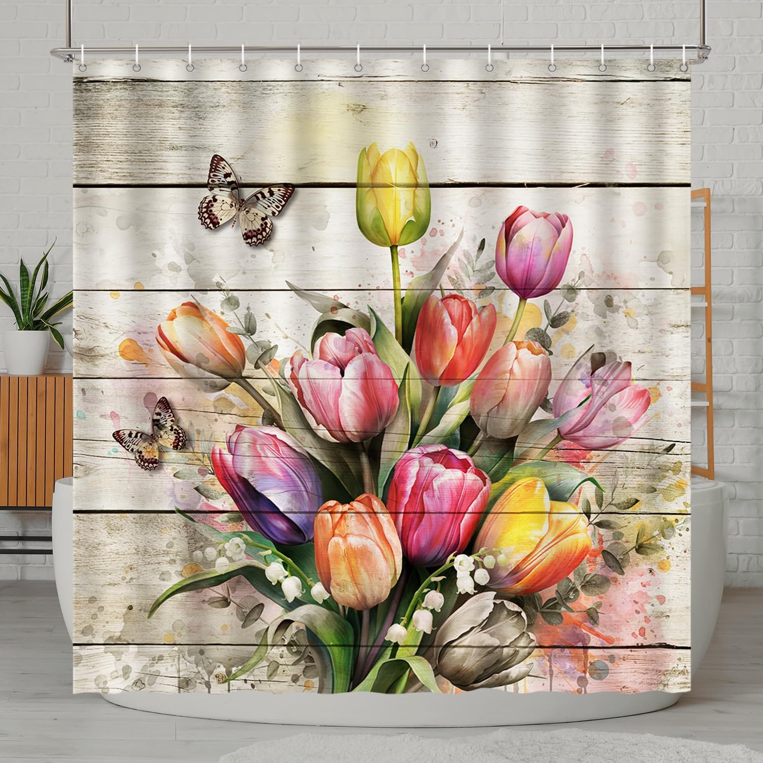 

Tulip Flower Shower Curtain Wooden Background Butterfly Art Spring Design Bath Decor Waterproof Fabric Home Accessories 90x180cm35x71in