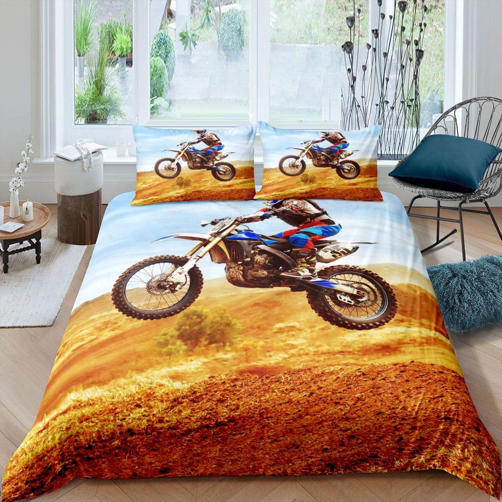 Three-Dimensional Motocross Rider Bed Cover Kit Gentle Microfiber Fabric Red Black Dirt Bike Extreme Sports Theme Motorcycle Pattern Style Bed