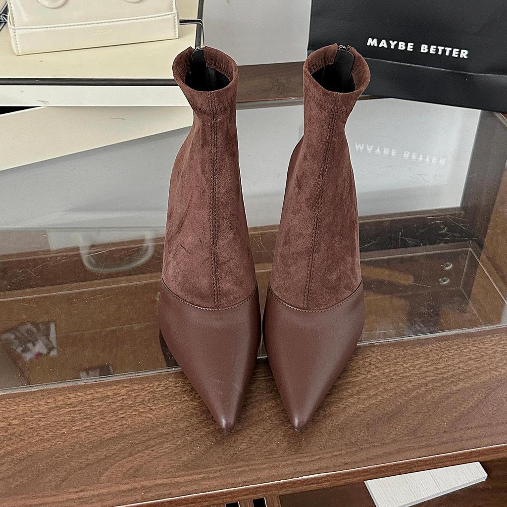 2025 new pointed high heel suede splicing zipper low tube thin fashion Chelsea Martin boots women