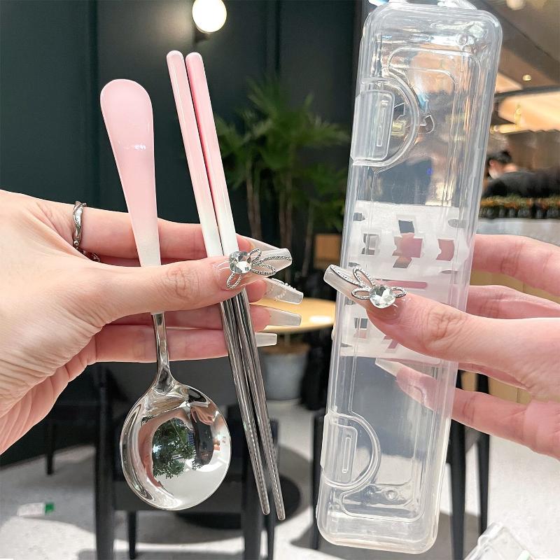 Stainless Steel Portable Cutlery Set Spoon Chopsticks Student Travel Korean Style Portable Cutlery Set With Box Kitchen Supply