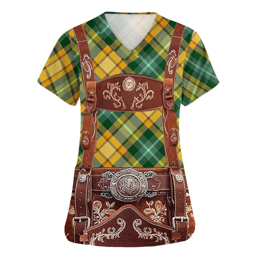 Women's V Neck Short Sleeve Work Shirt with Pocket Oktoberfest Print Top for Caregivers and Service Staff Comfortable Fit