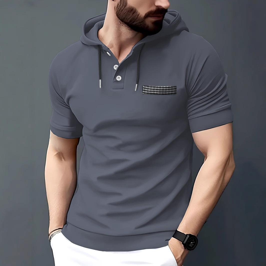 Men Hooded Short Sleeve Solid Color Casual Sports Polo Shirt M серый