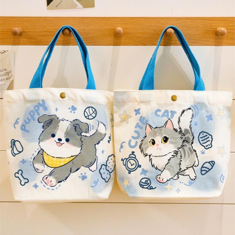 3Pcs Cute Double Sided Pattern Handbag Canvas Lunch Shopping Storage Bag Women's Cartoon Small Backpack Fashion Edition Leisure Storage Bag