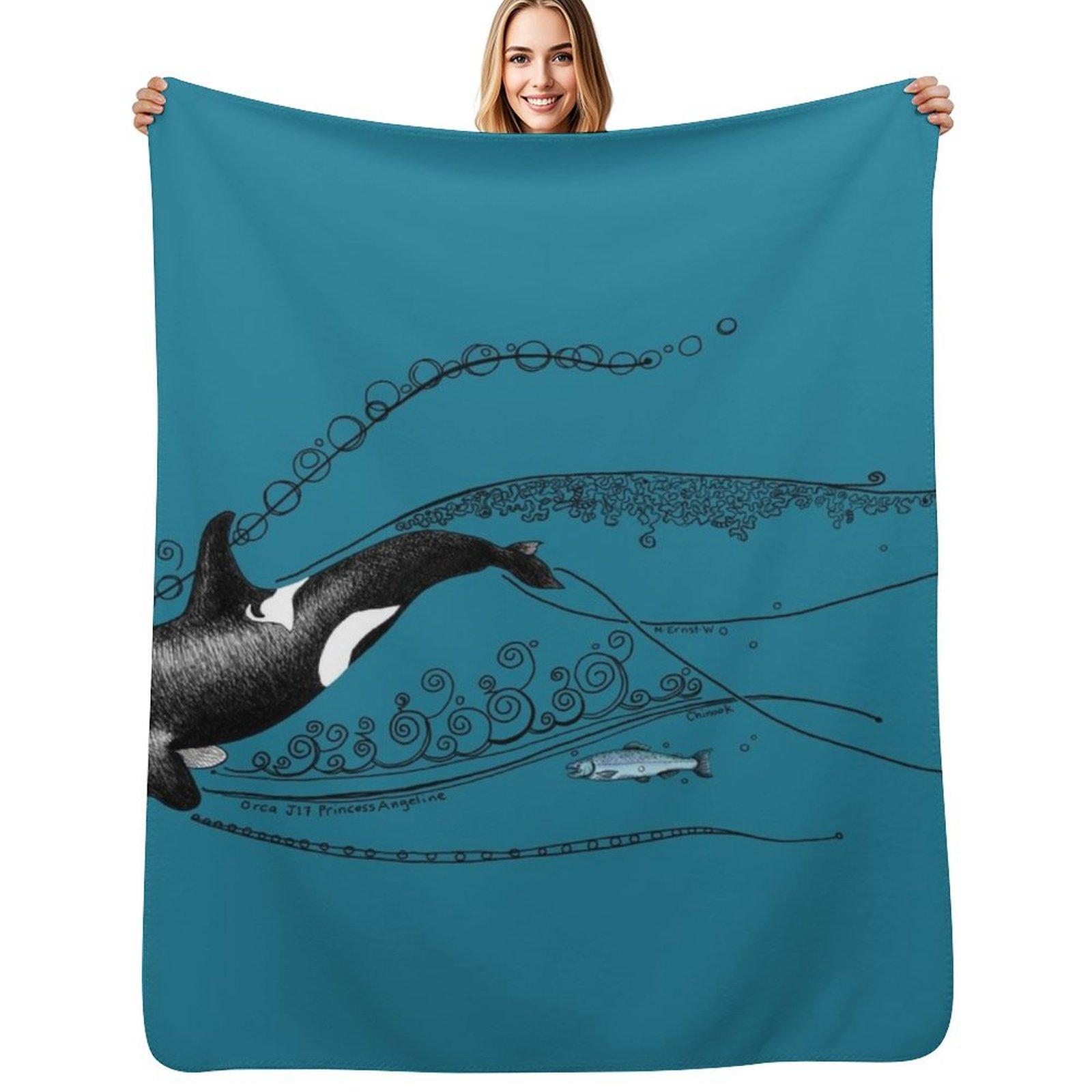 Orca and Salmon Doodle Throw Blanket Flannel Fleece Soft Warm Throw Blanket Size: 75*100cm, Weight: 230 GSM