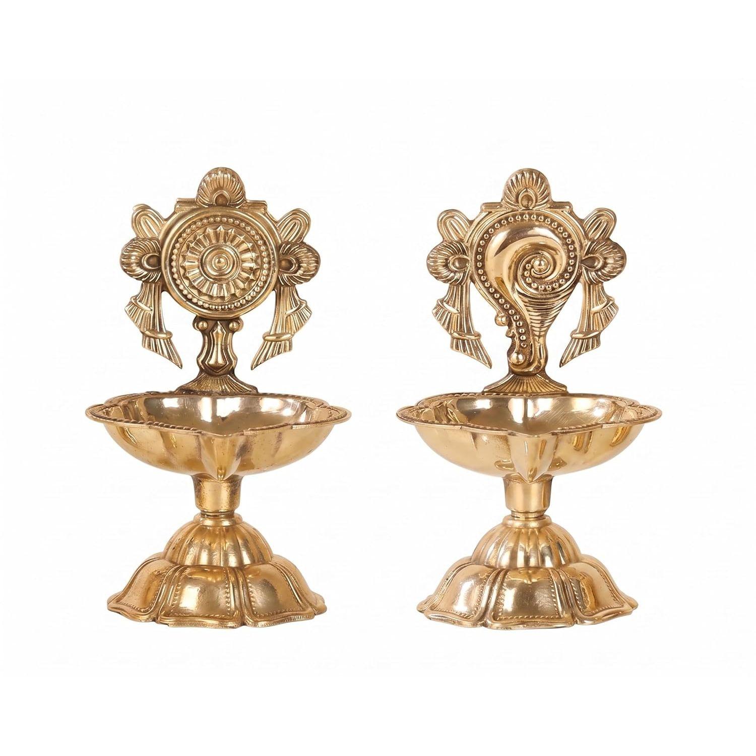 Pure Brass Shanku Chakra Vilakku Set of 2 | Traditional Shankh Chakra Diya for Pooja Room
