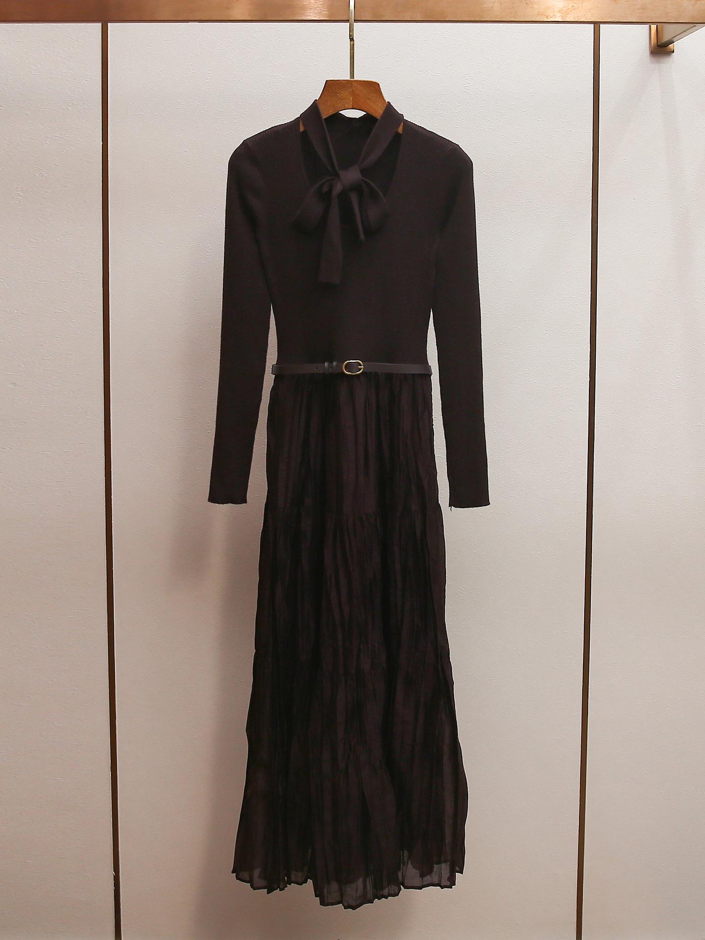 Elegant Hepburn Style Lace-Up U-Neck Patchwork Knit Dress - New Spring Arrival Medium темно-коричневого