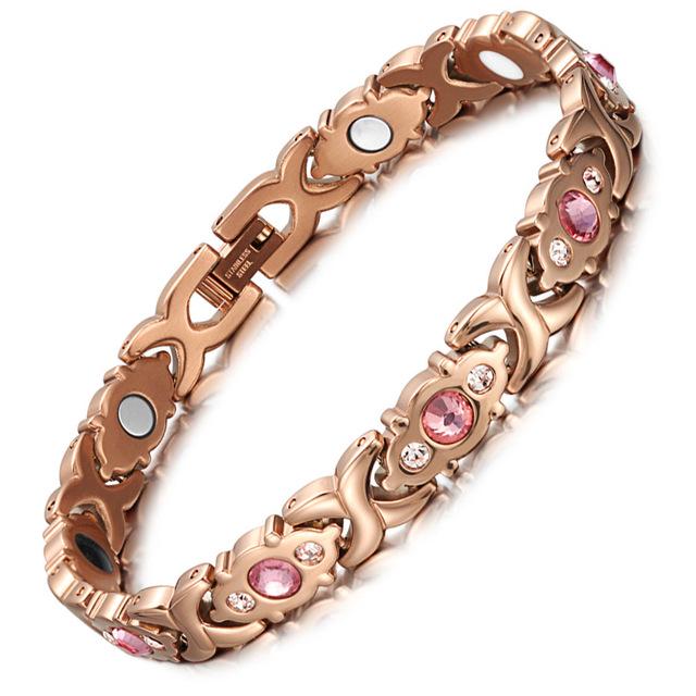 Bracelet Magnétique Santé Rose Doré Punk 8mm Zircon Rose Bijou pour Femme Hiphop Acier Inoxydable Chaîne Biker Moto Bracelet