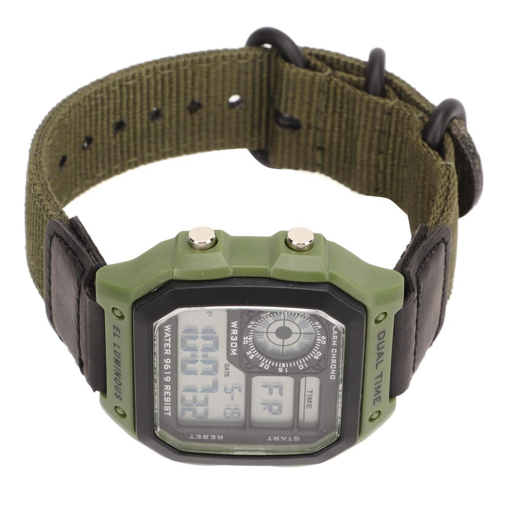 Digital Sport Watch Canvas Strap Luminous Waterproof Retro Sport Watch for Outdoor Sports Green