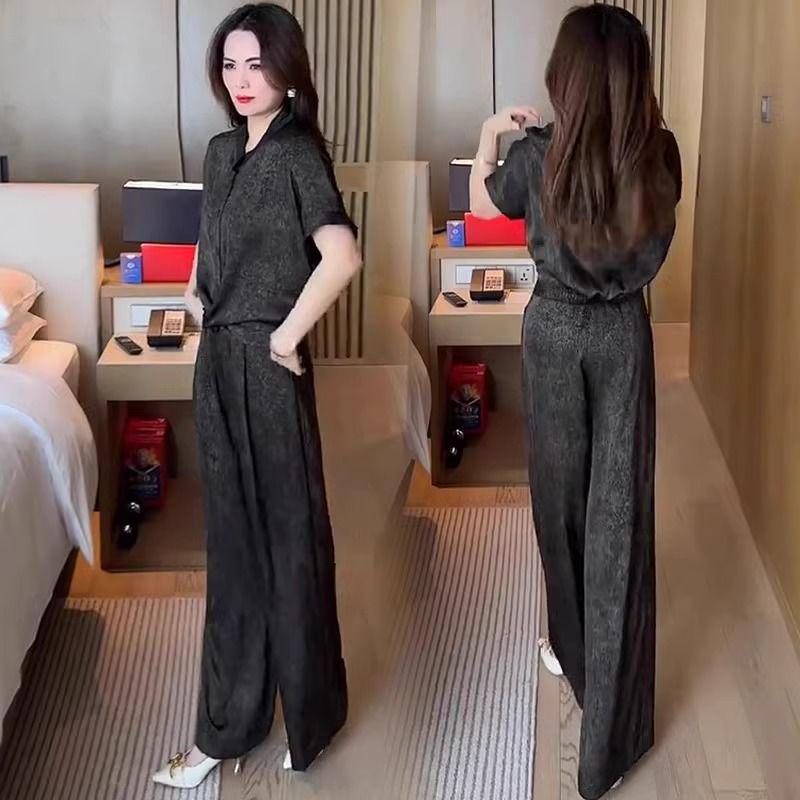 

Летний комплект свободного кроя, скрывающий живот, 2025: Футболка с коротким рукавом и брюки широкого кроя L (100-115 jin)