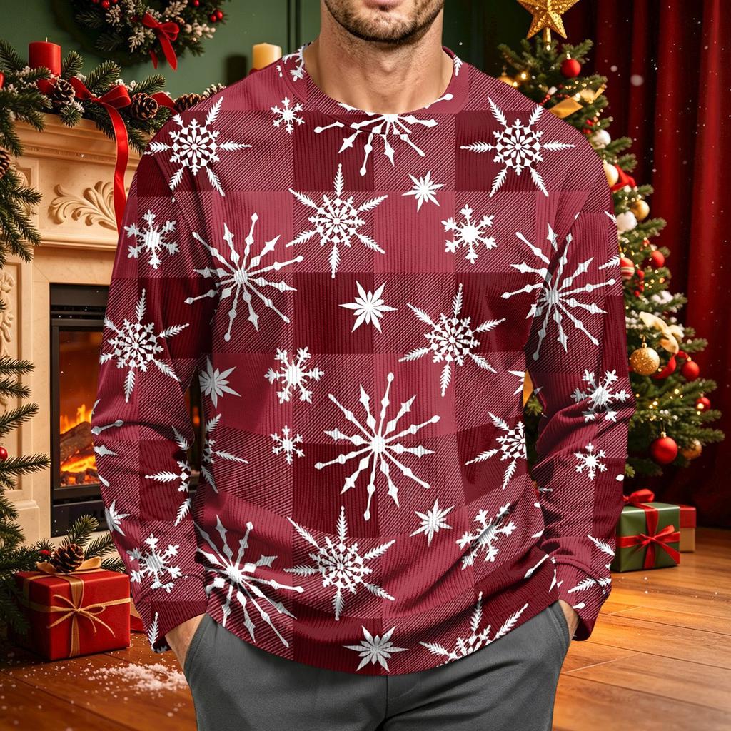 Men's Corduroy Long Sleeve Neck Shirt with Christmas Print for Holiday Casual Wear