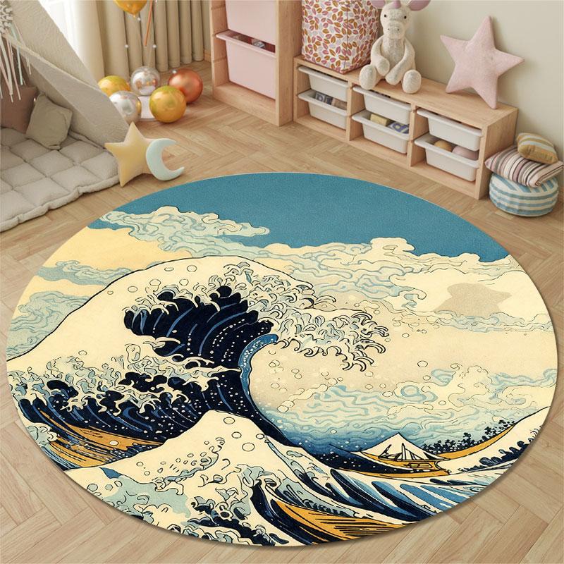 Eclectic Round Great Wave Blue Floor Rug, Non-Slip Floor Mat for Hallway