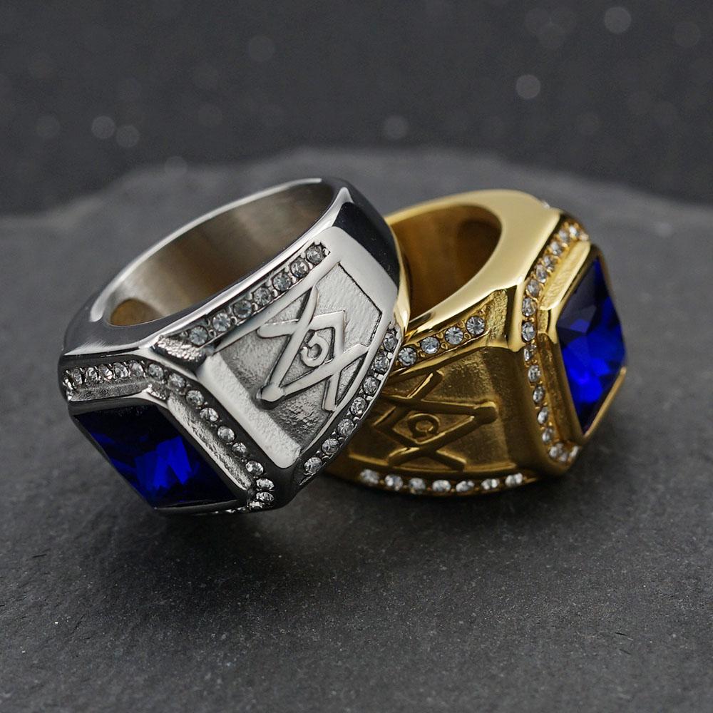 Stainless Steel Ring Vintage Gold Color Rhinestone Male Hiphop Rock Man Women Retro Free Mason Freemasonry Masonic Jewelry