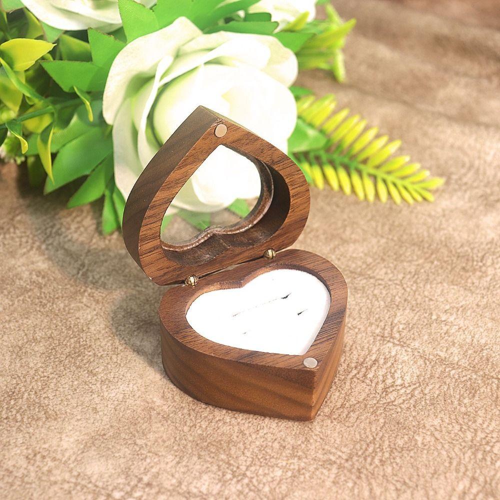 Transparent Cover Walnut Wood Rings Box Magnetic Cover Rings Bearer Box Heart Rings Holder  Gifts