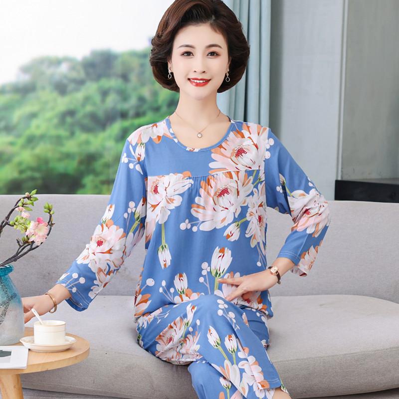 Mom Cotton and Silk Pajamas Women's Spring and Autumn Summer Long-sleeved Two-piece Set Middle-aged and Elderly Large-size Printed Loungewear Women