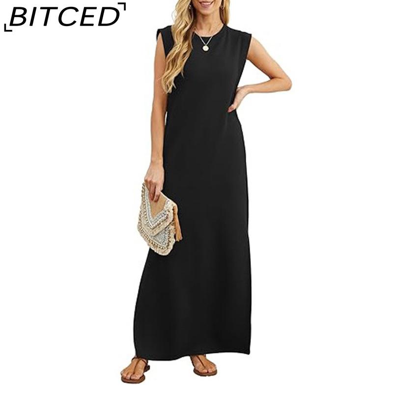 BITCED Women's Summer Solid-Colour Casual Loose-Fit Pocket Dress Long Dress