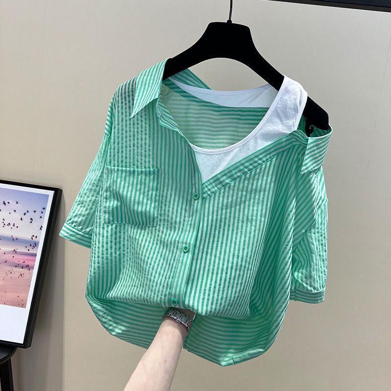 2024 Summer Women's Leisure Fashion Elegant Commuting Spliced Asymmetric Pullover Stripe Off Shoulder Chiffon Short Sleeved Shirt