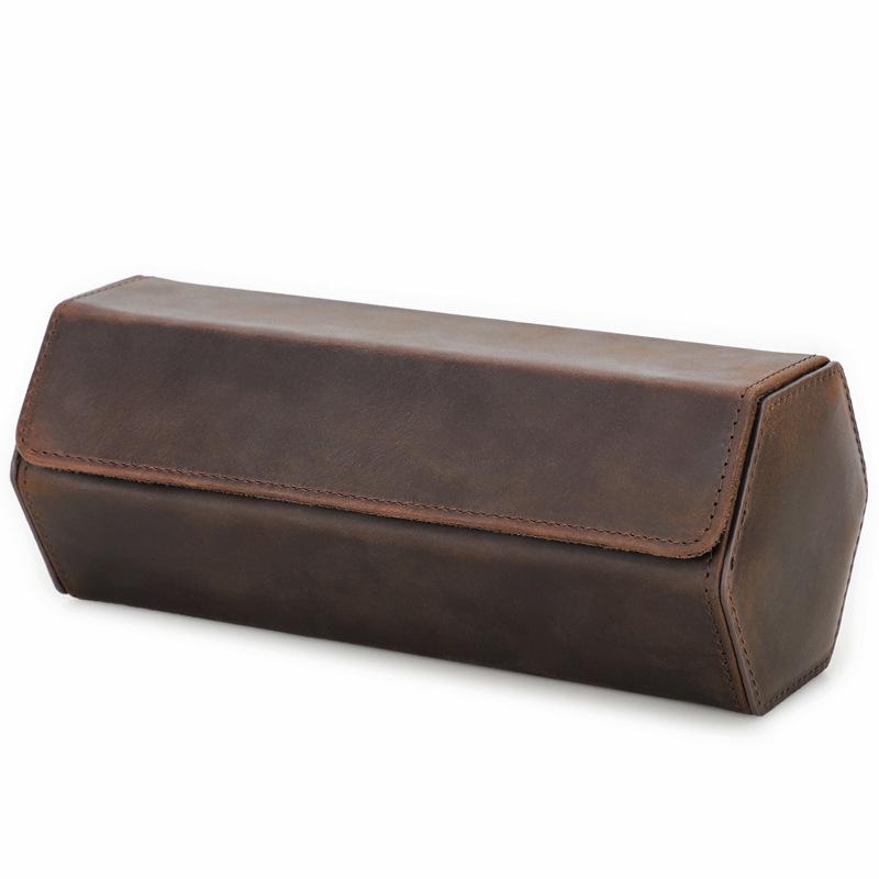 Retro Crazy Horse Leather Hexagonal Watch Storage Box - Handmade Box for Three Watches, Genuine Leather Gift Box
