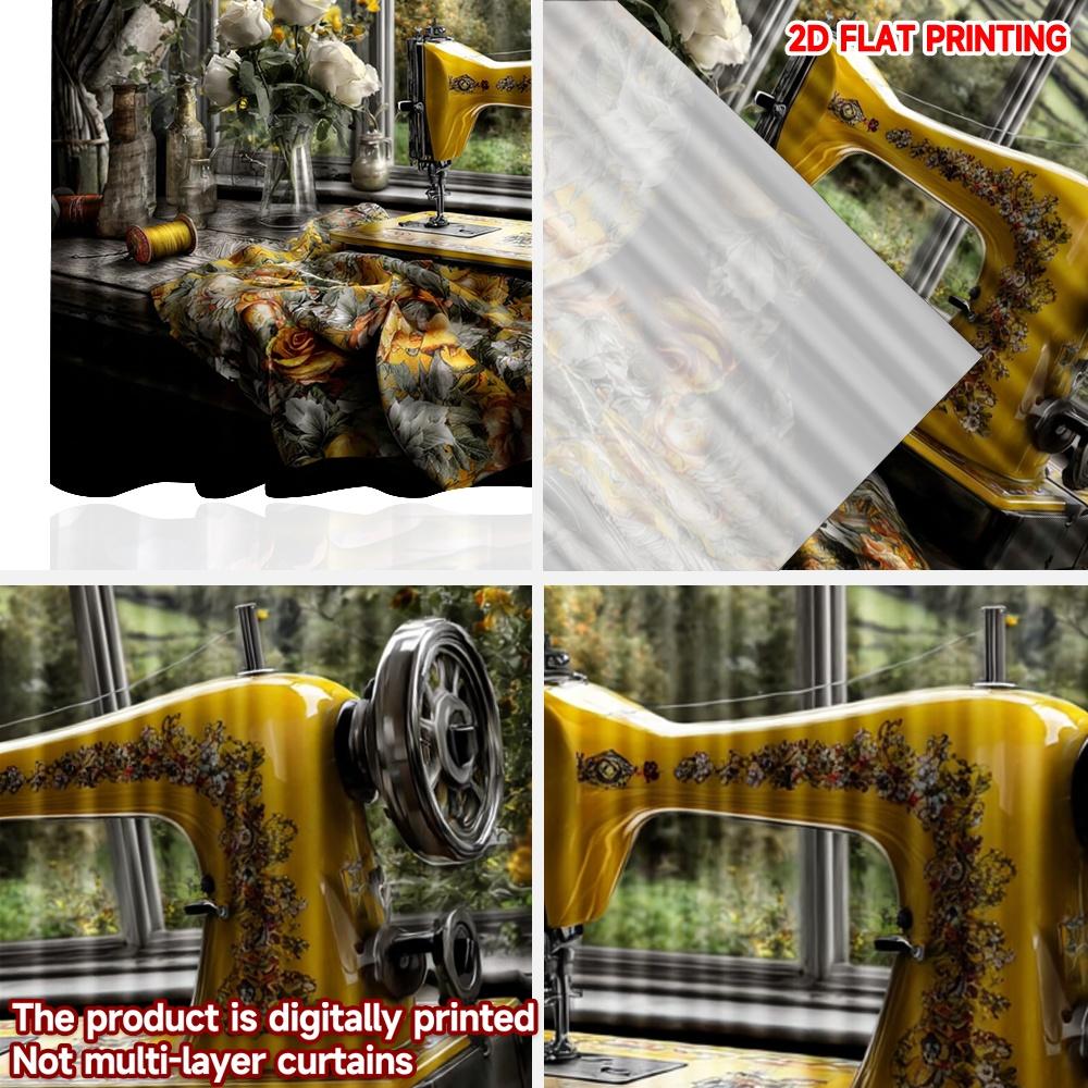 Set Of 2 Vintage Sewing Machine Curtains Yellow Antique Floral Tablecloth Retro Bedroom Decor Curtain Polyester Perfect For