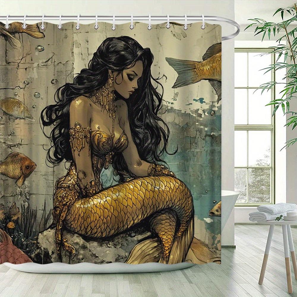 Fantasy Mermaid Polyester Shower Curtain,Water-Resistant Woven Fabric With Golden Fish And Bubbles,Distressed Wall Art Design