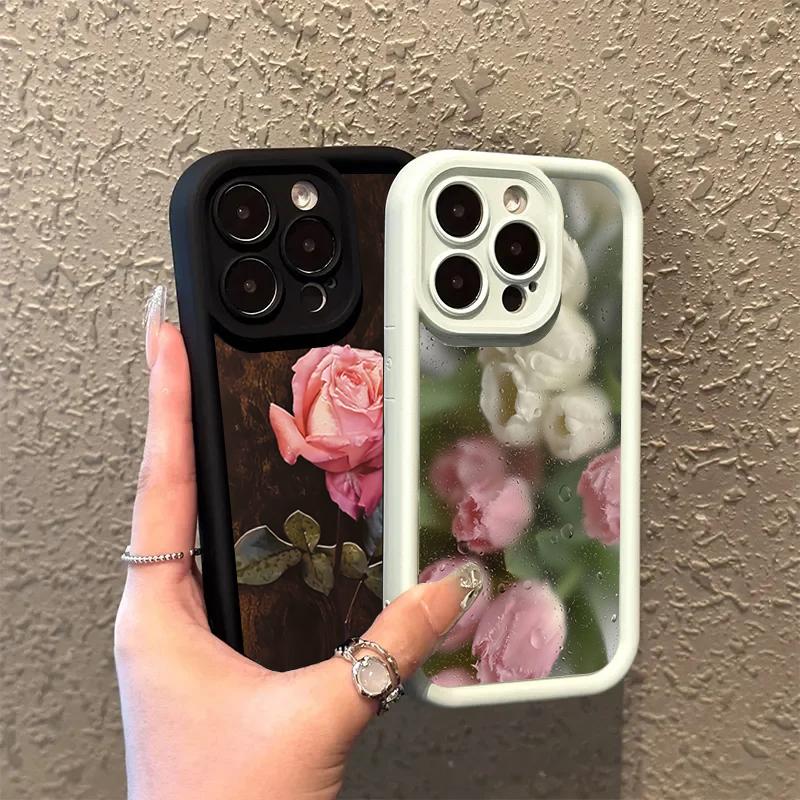 Aesthetic Rose Floral Pattern Silicone Phone Case For iPhone 16 Pro Max 15 14 13 12 11 7 8 Plus X XS XR SE 16E Shockproof Cover
