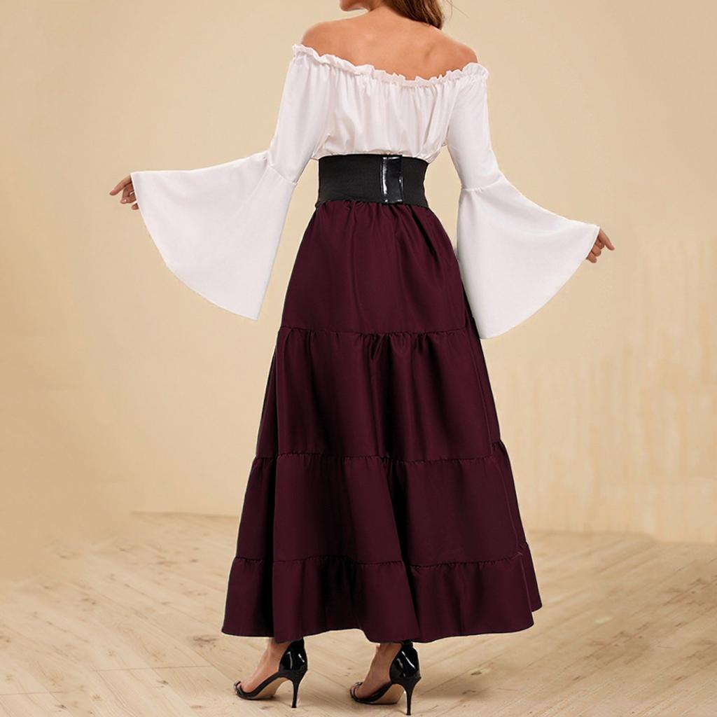 Women's Fashion Retro Maxi Dress Trumpet Sleeve Waist Dress