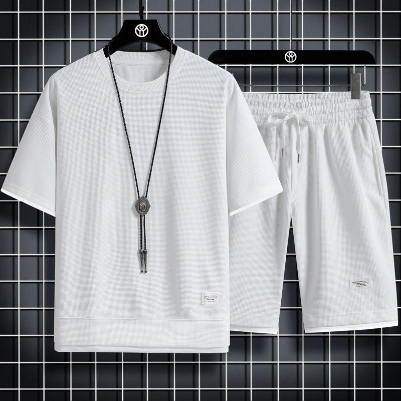 Men's Waffle Summer Suit Casual T-shirt + Shorts Suit Men's Tracksuit Solid Color Tracksuit