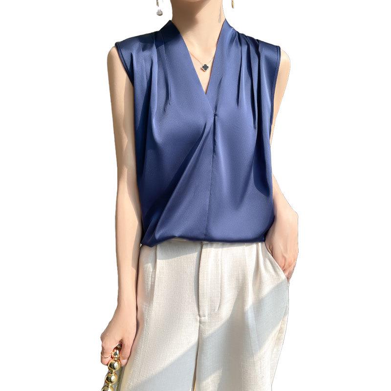 Silk Satin Slim Fit V-Neck Wide Shoulder Sleeveless Camisole for Women - Spring/Summer 2025 Collection
